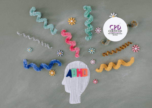 Decorative head silhouette with 'ADHD' letters surrounded by colorful pipe cleaners on a gray background.
