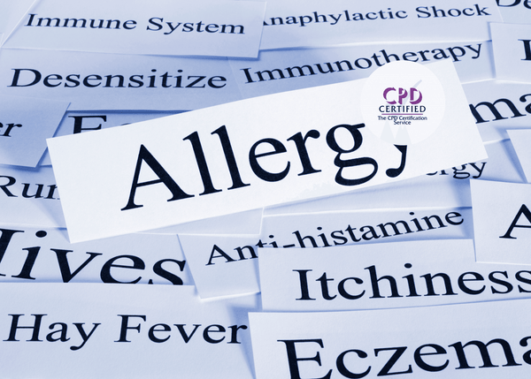 A selection of printed allergy-related words with the term “Allergy” in sharp focus.