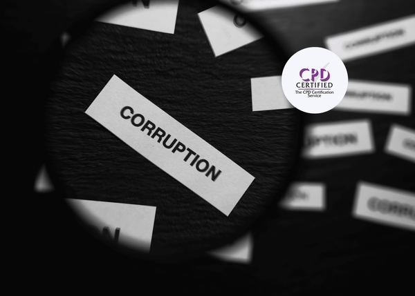 Magnifying glass focusing on a card labeled 'Corruption' with a blurred background of similar cards.