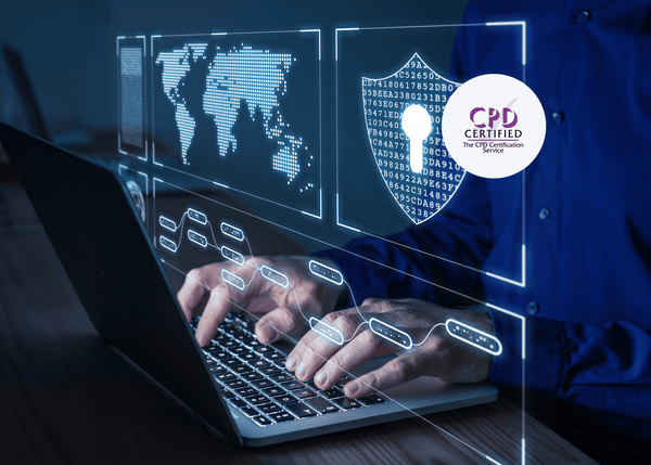 Person typing on a laptop, overlaid with cybersecurity icons such as padlocks and shields, symbolising the importance of data protection in cyber security training.