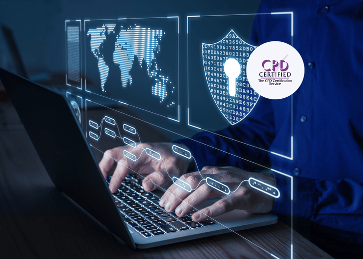 Person typing on a laptop, overlaid with cybersecurity icons such as padlocks and shields, symbolising the importance of data protection in cyber security training.
