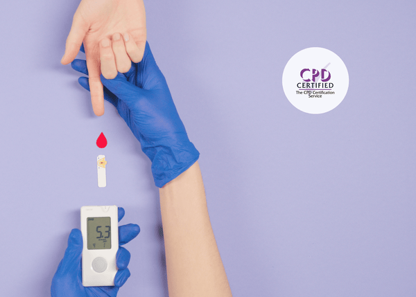 Hands in blue gloves conducting a blood glucose test using a digital meter and a drop of blood.