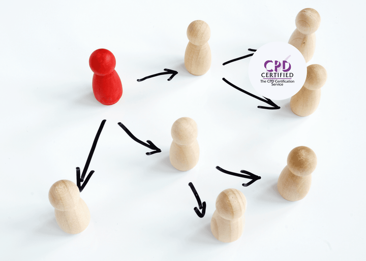 A red wooden figure stands among beige figures, with black arrows pointing outward and between them, symbolising delegation and distribution of tasks in leadership.