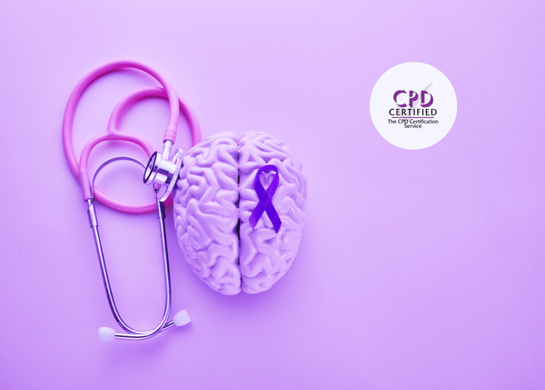 Pink stethoscope and brain model displayed alongside a purple epilepsy awareness ribbon, set against a purple background.