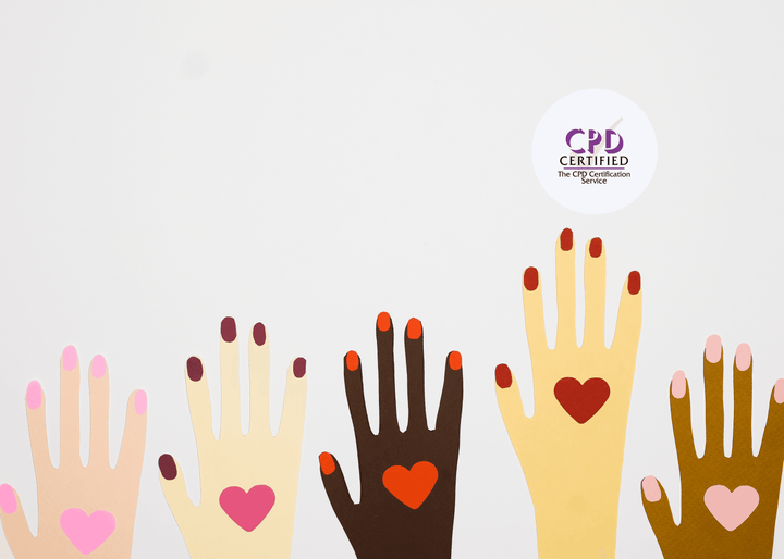 Paper cut-out hands in various skin tones, each featuring a coloured heart in the centre of the palm, held up against a plain white background.