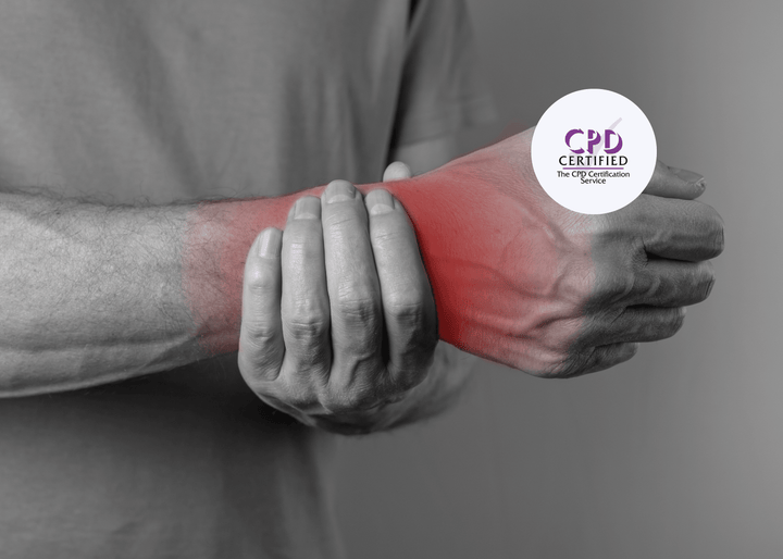 Grey image of a man clutching his wrist, with a red glowing effect on the area to emphasise pain and discomfort, symbolising Hand Arm Vibration Syndrome.