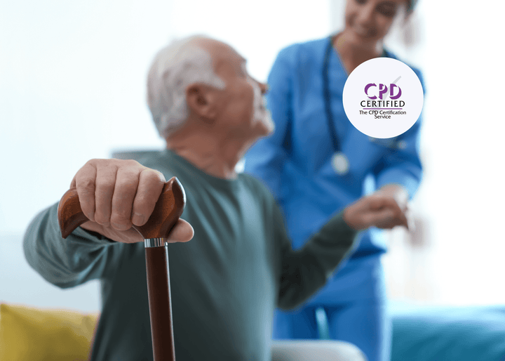Elderly man holding a wooden walking stick with a smiling nurse in blue scrubs providing support in a care setting, illustrating health and safety in care.