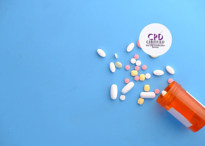 Various pills and tablets are scattered from an orange medicine bottle onto a blue surface, symbolising safe handling practices in medicine management.