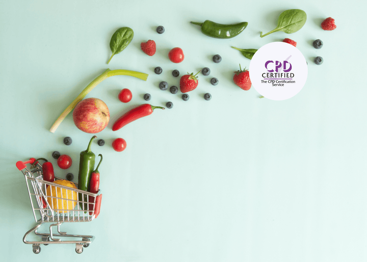 A small shopping trolley with assorted fruit and vegetables scattered on a pastel surface, representing food safety practices in a retail environment.