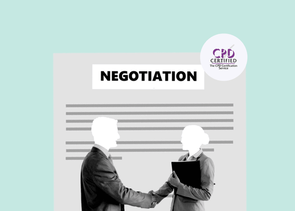Illustration of a man and woman in professional attire shaking hands in front of a document titled "NEGOTIATION."