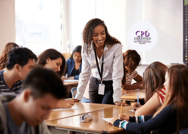 A smiling teacher engaging with students in a classroom, encouraging positive behaviour and demonstrating respectful handling techniques.