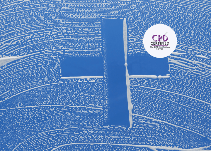White cross marked in cleaning foam on blue glass, symbolising workplace health and safety awareness for CITB test preparation.