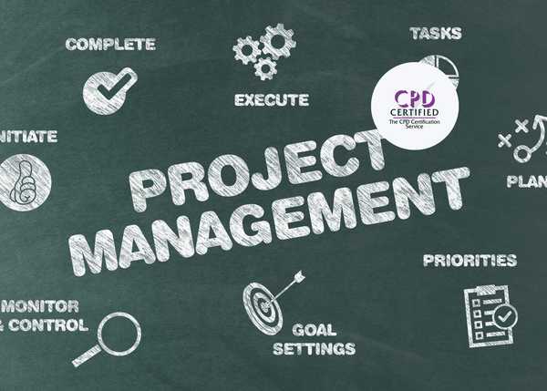 A chalkboard displaying the words “Project Management,” surrounded by icons representing tasks, goals, priorities, and planning.