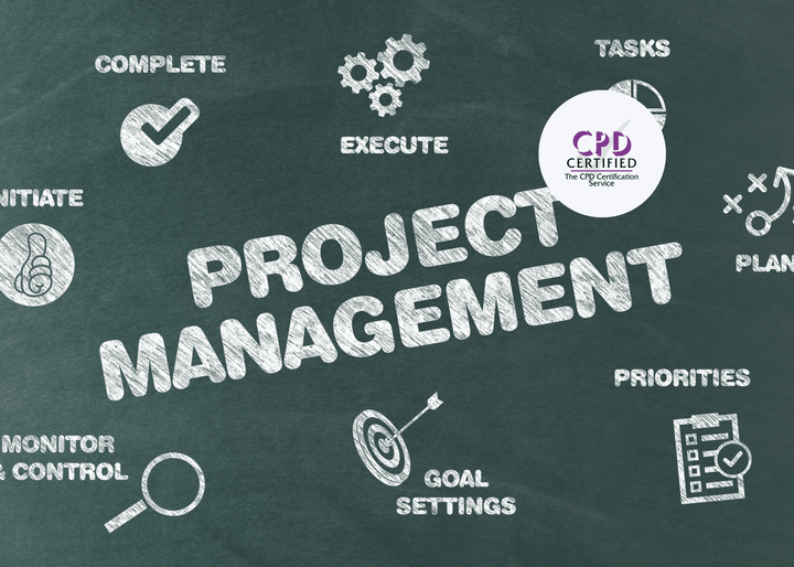 A chalkboard displaying the words “Project Management,” surrounded by icons representing tasks, goals, priorities, and planning.