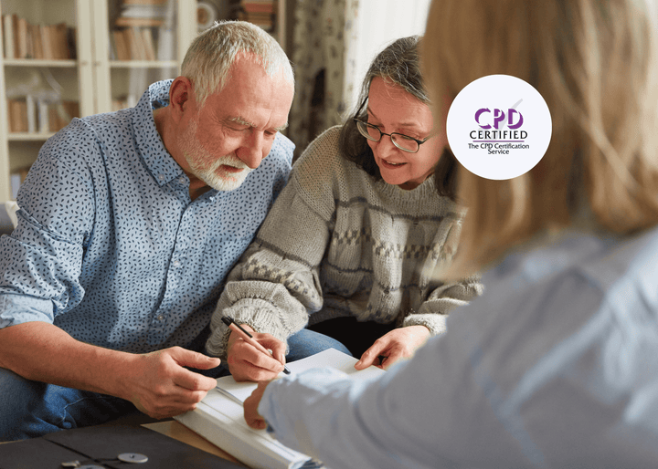 Elderly couple going over documents with a professional in a home environment, indicating a conversation related to safeguarding.