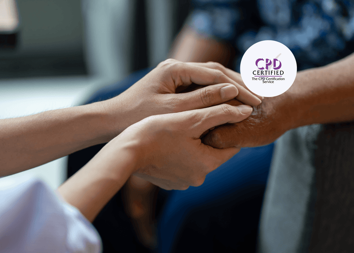 Close-up of one person gently holding another’s hands, offering comfort and support in a caring, compassionate gesture.