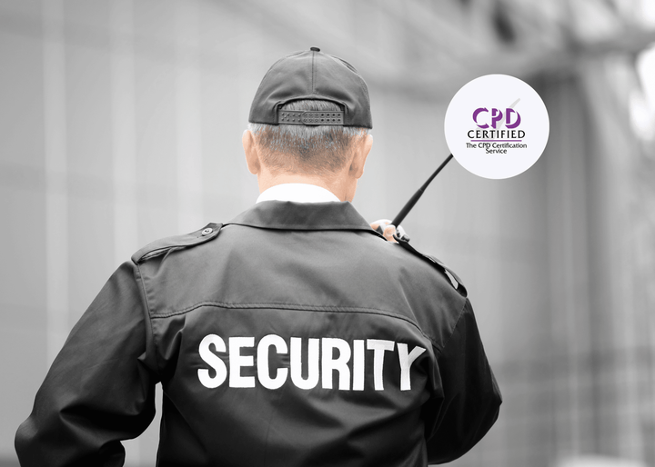 A male security officer in uniform stands outside a modern building, using a two-way radio, representing communication and vigilance in the private security industry.