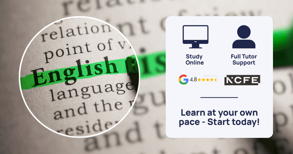 The word "English" highlighted in green on a dictionary page, with overlay icons representing accreditation, learner support, and user reviews.