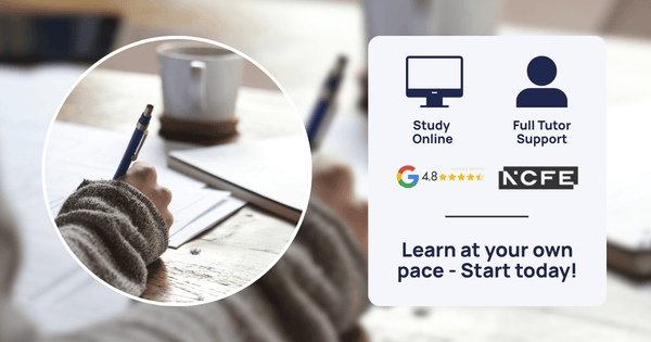 Woman writing in a notepad with a cup of coffee in the background, studying in a calm setting for her Functional Skills English course.