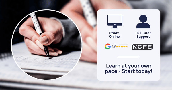 Person writing with a pen on paper, with educational services advertisement overlay.