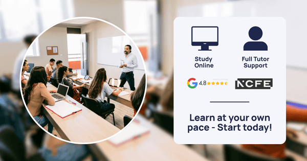 Educational setting with students in a classroom and promotional text for study online and full tutor support.