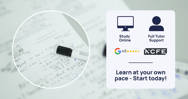 Alt text: Functional Skills Maths worksheet displaying equations, surrounded by icons representing tutor support, online learning access, NCFE accreditation, and high course ratings.