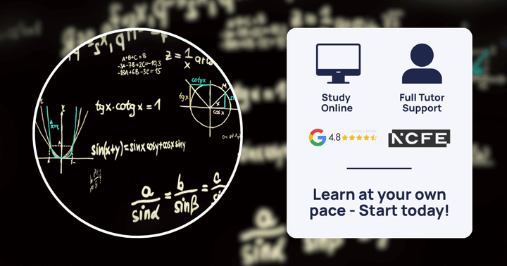 Mathematical equations on a blackboard with a promotional banner for study online and tutor support.