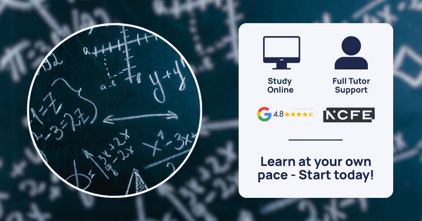Educational advertisement with math equations on a chalkboard and promotional text for online study and tutoring services.