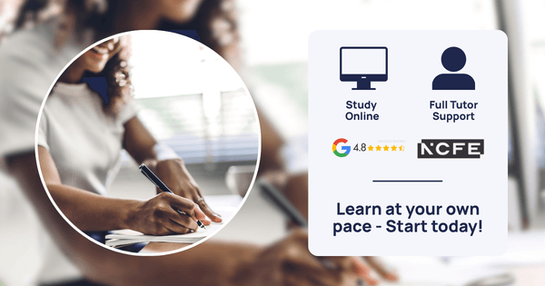 Promotional graphic for study online services with a person studying and logos of NCFE and Google.