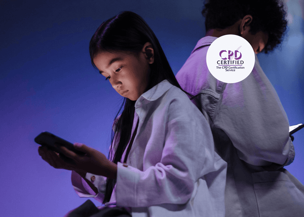 Two children sitting back-to-back, each using a smartphone, illustrating the risks and safety concerns of social media for young users.