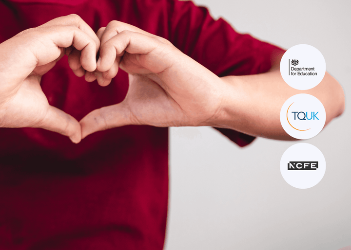Close-up of hands forming a heart shape in front of a red shirt, with DfE, TQUK and NCFE logos on the right.