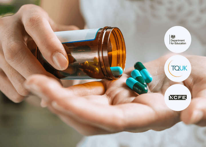 Close-up of a person’s hands tipping green and blue capsules from an amber pill bottle into their palm, highlighting medication use and allergy awareness.