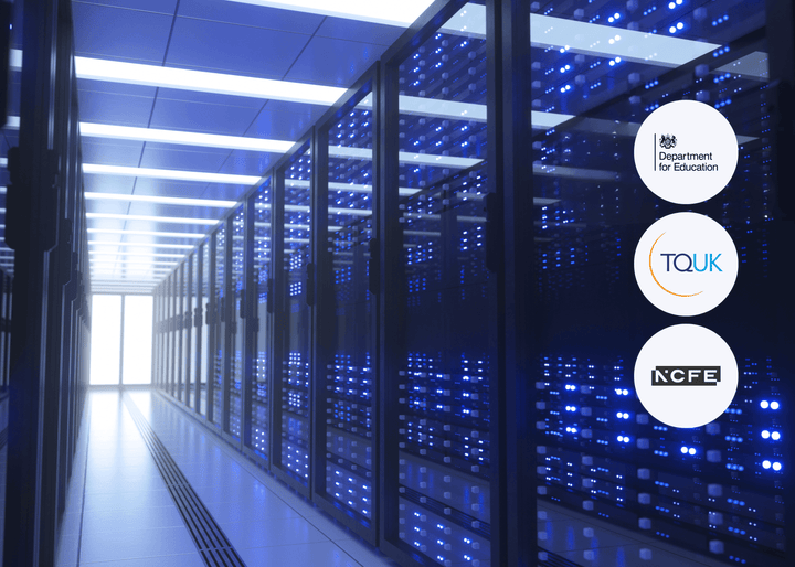 Brightly lit server room with rows of glass-fronted cabinets containing data servers, illuminated by blinking blue lights.