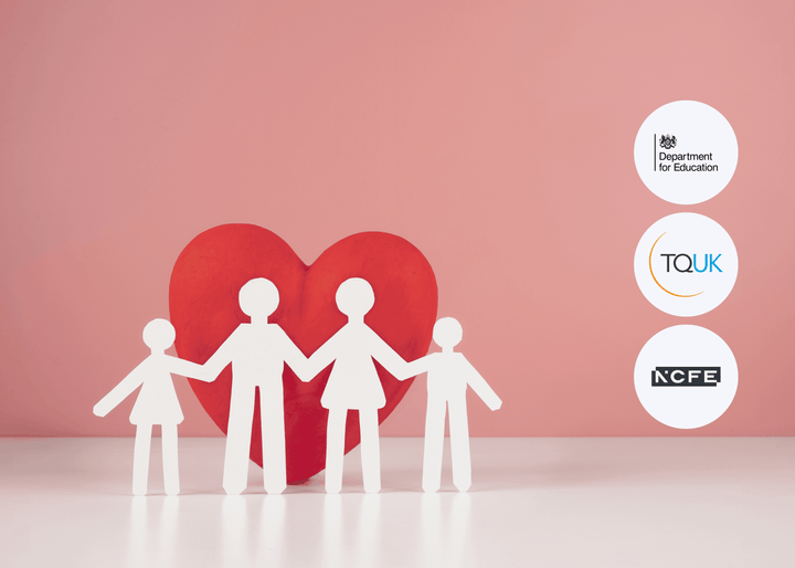 Four white paper-cut figures of a family hold hands in front of a large red heart on a pink background, symbolising care, protection, and well-being.