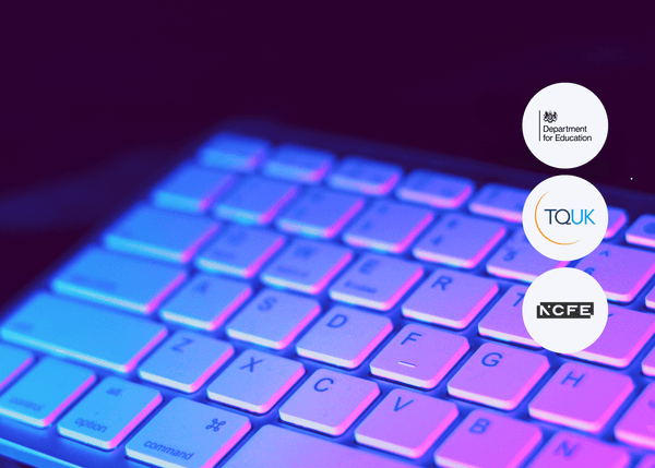 Keyboard with glowing blue and pink keys and three certification logos on a dark background.