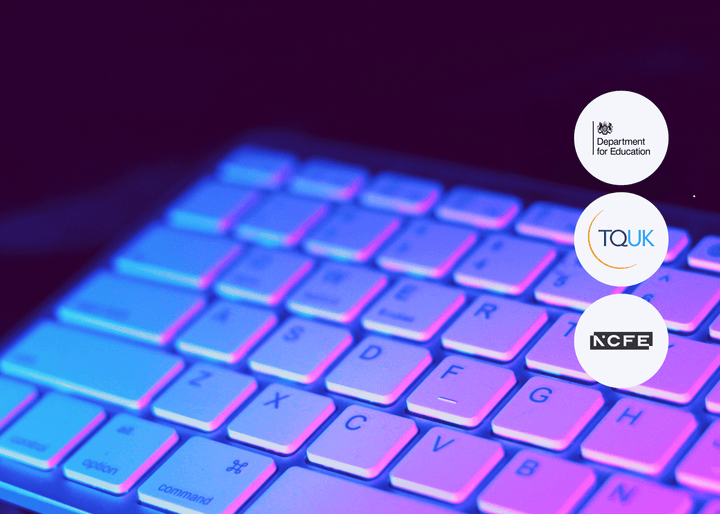 Keyboard with glowing blue and pink keys and three certification logos on a dark background.