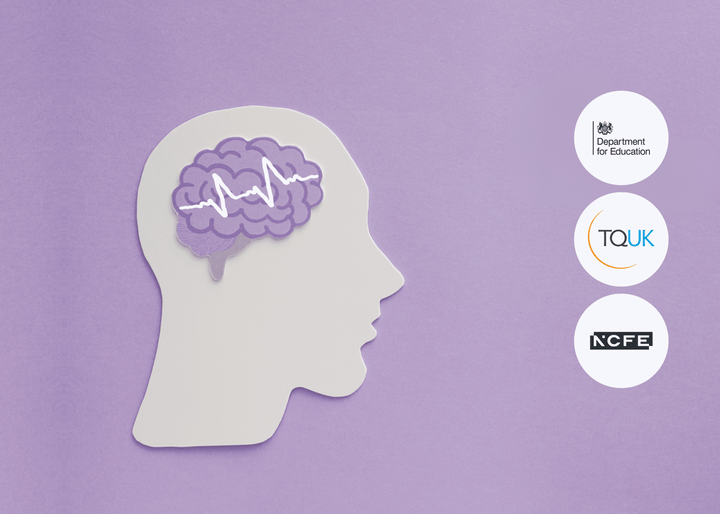 A paper cut-out head with a purple brain and heartbeat line on a lilac background, accompanied by DfE, TQUK, and NCFE logos, symbolising mental health awareness.