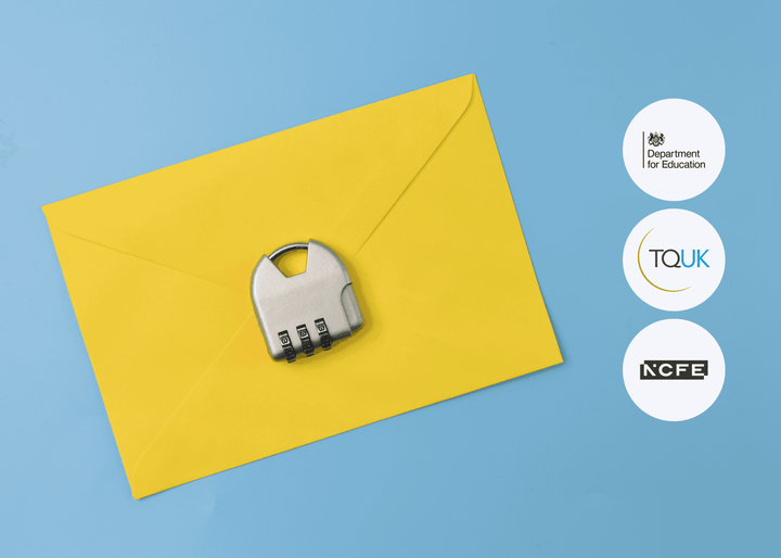Top-down view of a yellow envelope on a blue surface, secured with a silver combination padlock resting on top.
