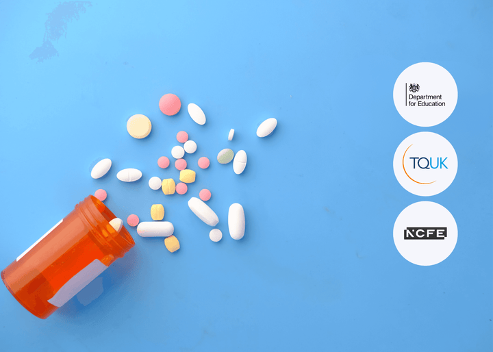 An orange medicine bottle tipped on its side with various pills and tablets scattered across a blue surface, highlighting safe handling and storage of medication.