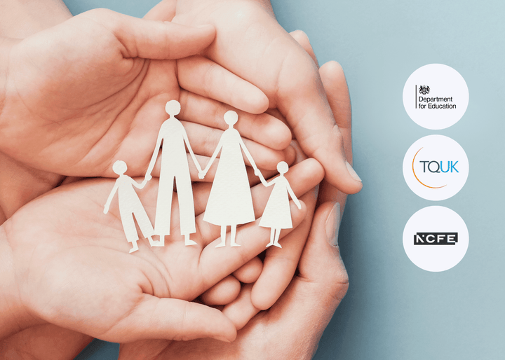 Adult hands gently holding paper cutouts of a family of four against a soft blue background, symbolising care, protection, and safeguarding.
