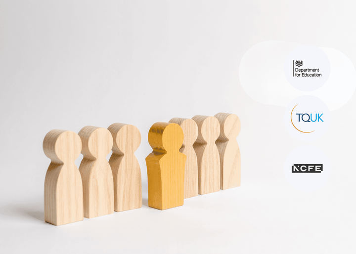 Wooden figure formation with a highlighted figure on a white background, featuring logos of NCFE and TOUK.