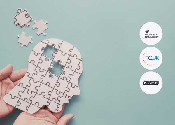 Hands hold a head-shaped puzzle with missing pieces against a blue background, representing mental health challenges and cognitive gaps.